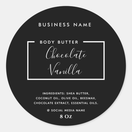 ミニマルモダンタイポグラフィブラック製品ラベル ラウンドシール (正面)