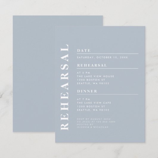 ミニマルモダンダスティブルーリハーサルエレガントディナー 招待状 (正面/裏面)