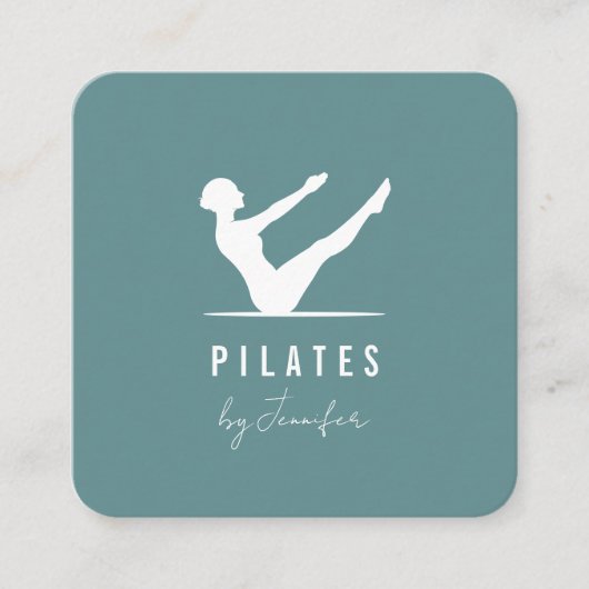 ミニマルモダンティール（緑がかった色）緑の女性ロゴのピラティス スクエア名刺 (正面)