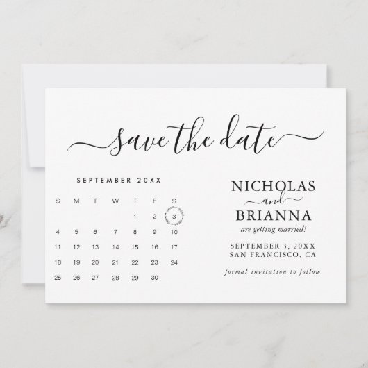 ミニマルモダンナリストのカレンダー予算の白シンプル色 セーブザデート (正面)