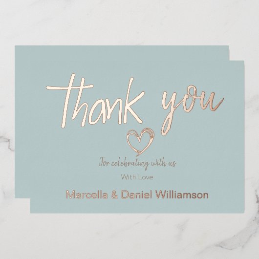 ミニマルモダンハート＆スクリプト サンクス ウェディング 箔招待状 (正面/裏面)