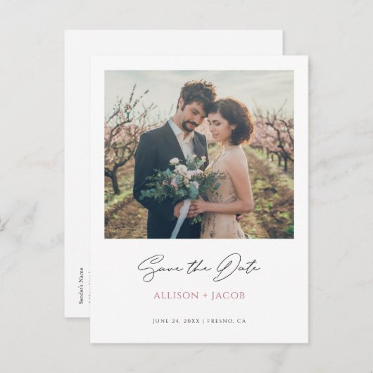 ミニマルモダンバラ金ゴールド写真の日付の保存 インビテーションポストカード (正面/裏面)