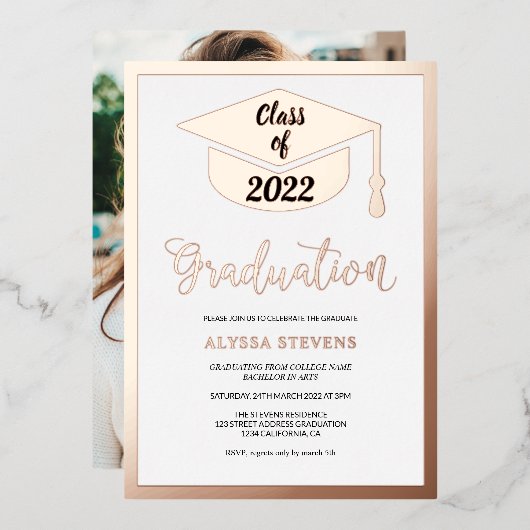 ミニマルモダンバラ金ゴールド卒業写真 箔招待状 (正面/裏面)