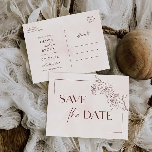 ミニマルモダンフローラスケッチエレガントな結婚式 インビテーションポストカード