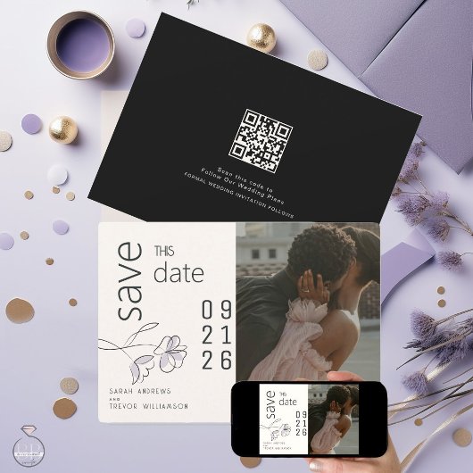 ミニマルモダンフローラダスティプラムとバフ 招待状