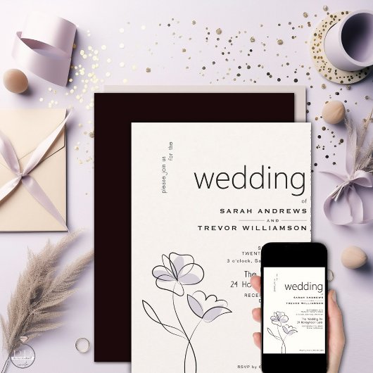 ミニマルモダンフローラダスティプラムとバフ 招待状