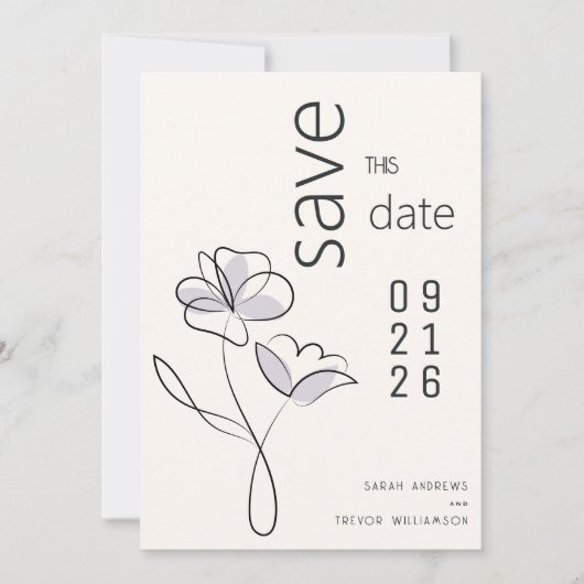 ミニマルモダンフローラダスティプラムとバフ 招待状 (正面)