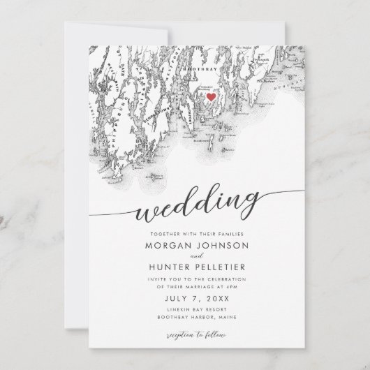 ミニマルモダンブスベイハーバーメインの地図結婚の 招待状 (正面)