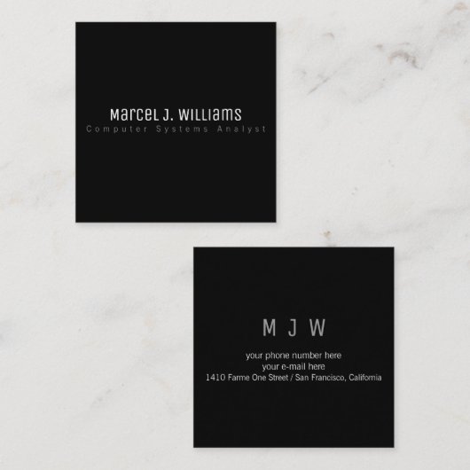 ミニマルモダンプロフェッショナルシンプルプレーンブラック スクエア名刺 (正面/裏面)