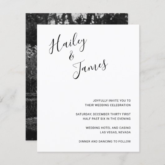 ミニマルモダンム写真予算結婚式招待状 (正面/裏面)