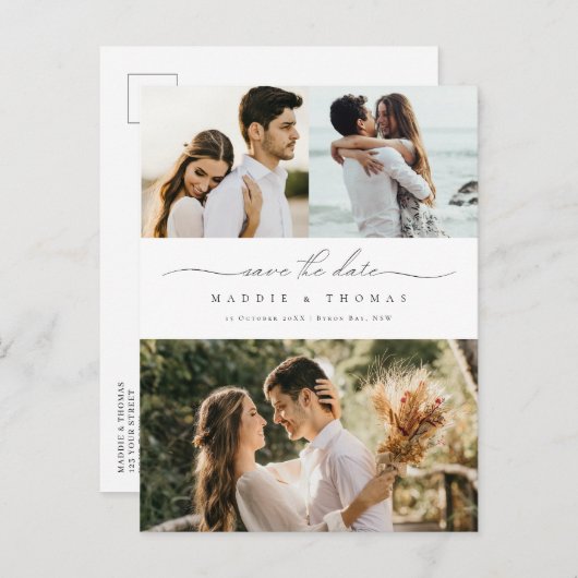 ミニマルモダンム写真日付の保存招待状 ポストカード (正面/裏面)