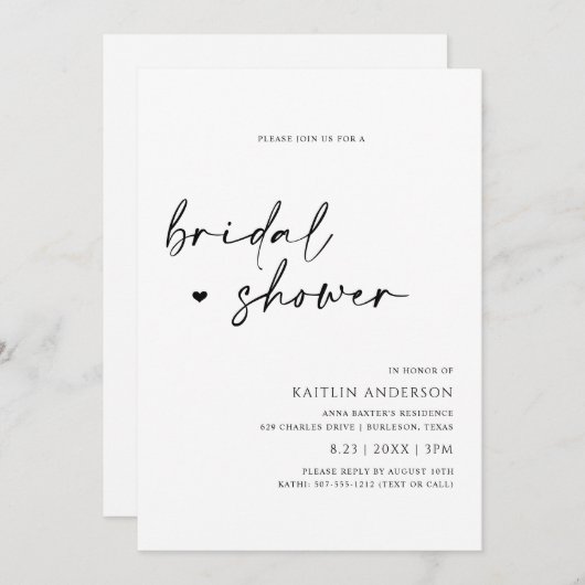 ミニマルモダンム手書きブライダルシャワー 招待状 (正面/裏面)