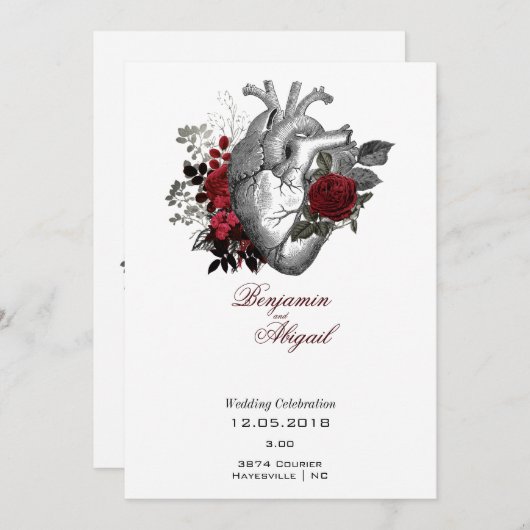 ミニマルモダンム解剖学ゴシックハートフローラ 招待状 (正面/裏面)