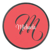 ミニマルモダンモノグラムイニシャル名red アイスホッケーパック (正面)