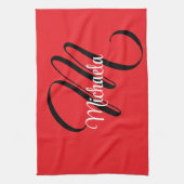 ミニマルモダンモノグラムイニシャル名red キッチンタオル (縦)