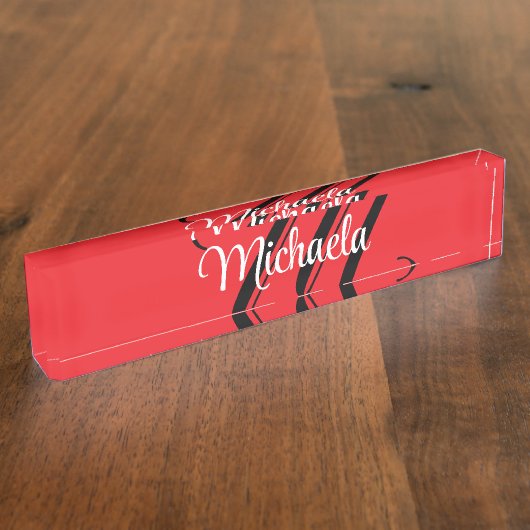 ミニマルモダンモノグラムイニシャル名red デスクネームプレート (側面)