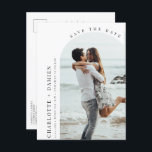 ミニマルモダンラストアーチフォト日付の保存 ポストカード<br><div class="desc">招待状のゲスト結婚は、このシンプルとカスタマイズモダン可能な日付の招待を保存する。カード上の写真は自分で変更できる。この保存の日付の招待は任意の季節に最適である。</div>