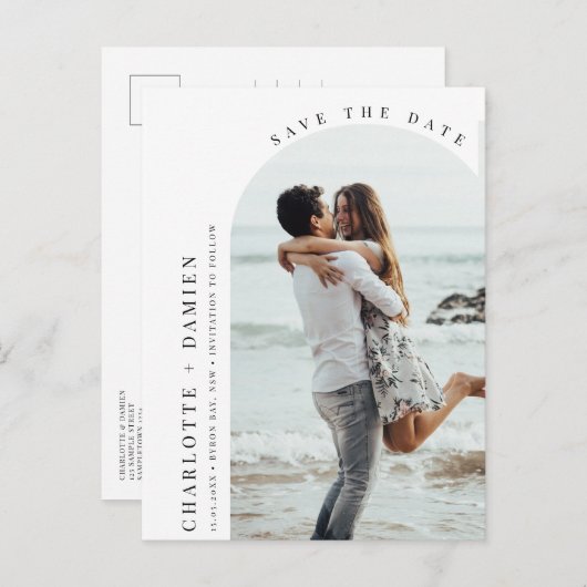 ミニマルモダンラストアーチフォト日付の保存 ポストカード (正面/裏面)