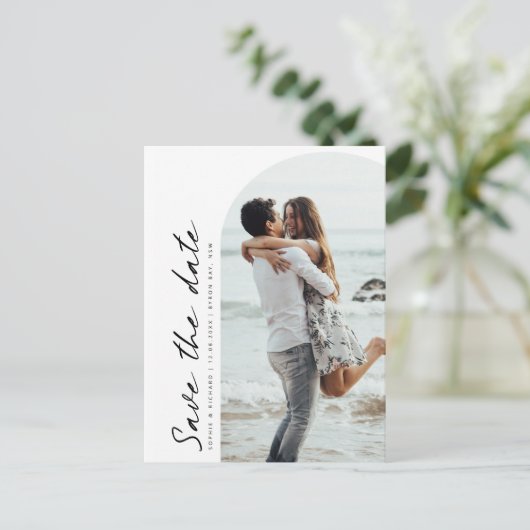 ミニマルモダンラストアーチフォト日付の保存 ポストカード (スタンド正面)