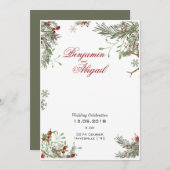 ミニマルモダンリスクリスマスウィンターホリーの枝 招待状 (正面/裏面)