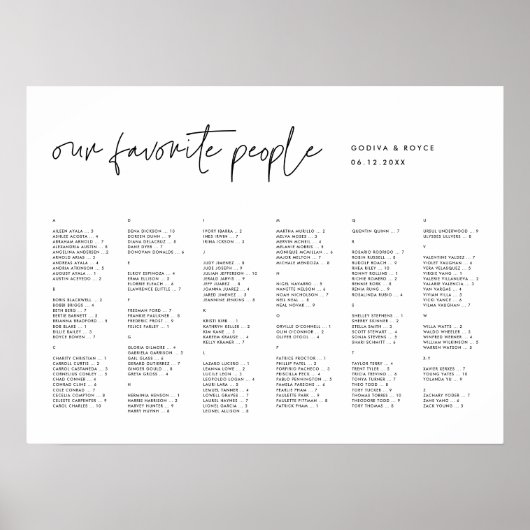 ミニマルモダンリストのアルファベット順の座席表 ポスター (正面)