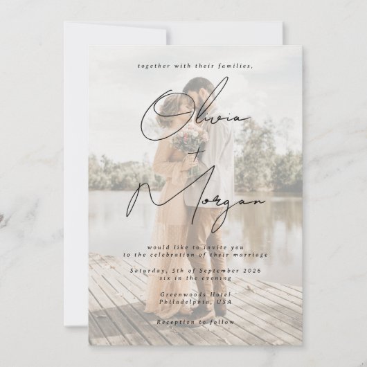 ミニマルモダンリストのスクリプ結婚ト写真 招待状 (正面)