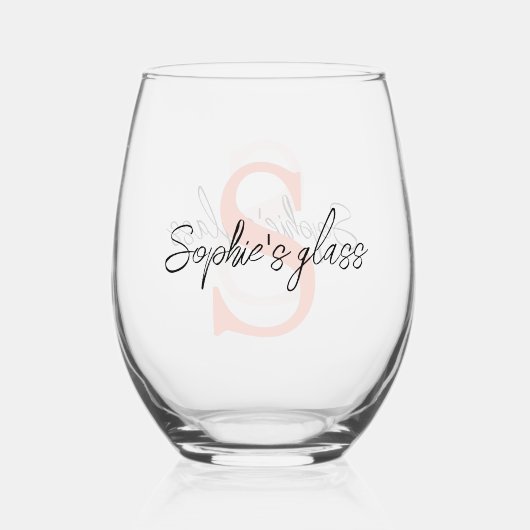 ミニマルモダンリストのブラックとピンクパーソナライズされたの名前 ステムなしワイングラス (裏面)