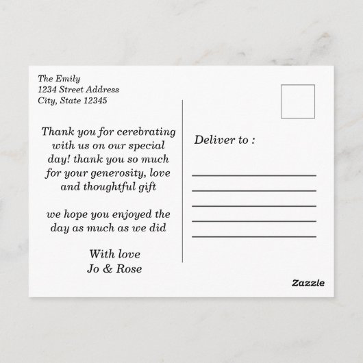 ミニマルモダンリストの結婚写真ありがとう  ポストカード (裏面)