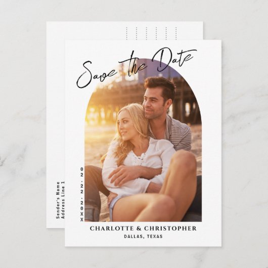 ミニマルモダンリストアーチフォト日付の保存 案内ポストカード (正面/裏面)