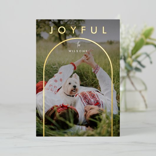 ミニマルモダンリストアーチフルフォトクリスマス 箔シーズンカード (立ち正面)