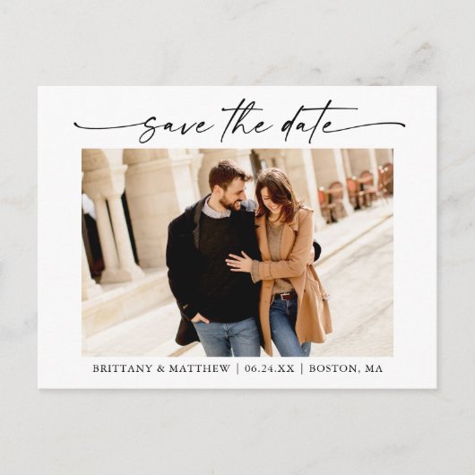 ミニマルモダンリストインクスクリプト日付の写真を保存 ポストカード (正面)