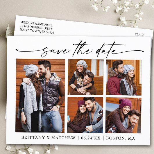 ミニマルモダンリストインクスクリプト5 Photo Save The Date ポストカード