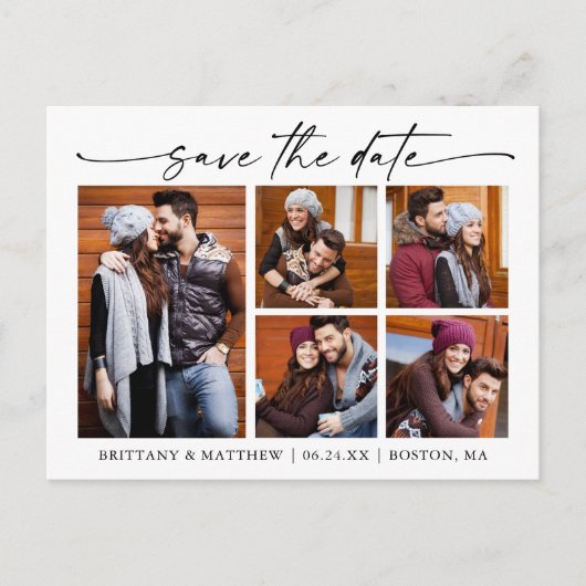 ミニマルモダンリストインクスクリプト5 Photo Save The Date ポストカード (正面)