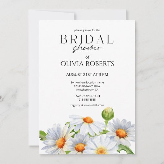 ミニマルモダンリストウォータコロールデイジーブライダルシャワー 招待状 (正面)