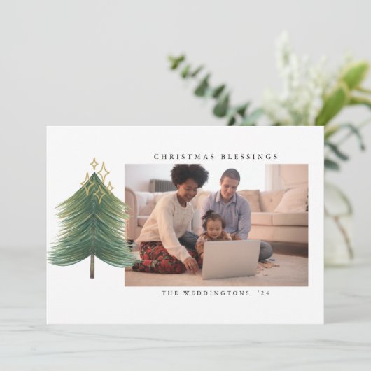 ミニマルモダンリストウォーター色クリスマスツリー写真 シーズンカード (スタンド正面)