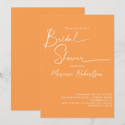 ミニマルモダンリストオレンジブライダルシャワー 招待状 (正面/裏面)