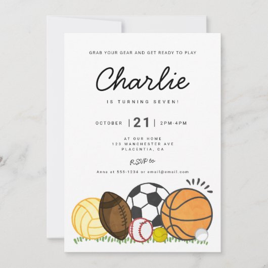 ミニマルモダンリストオールスタースポーツ誕生日パーティー 招待状 (正面)