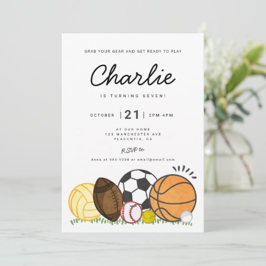 ミニマルモダンリストオールスタースポーツ誕生日パーティー 招待状 (スタンド正面)