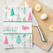 ミニマルモダンリストクリスマスツリーパターンピンクティール（緑がかった色） キッチンタオル (四つ折り)