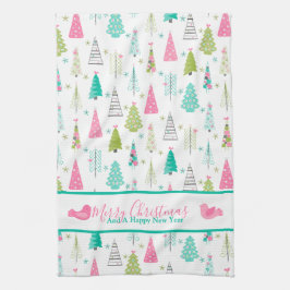 ミニマルモダンリストクリスマスツリーパターンピンクティール（緑がかった色） キッチンタオル