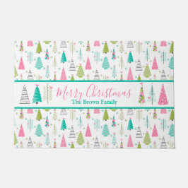 ミニマルモダンリストクリスマスツリーパターンピンクティール（緑がかった色） ドアマット