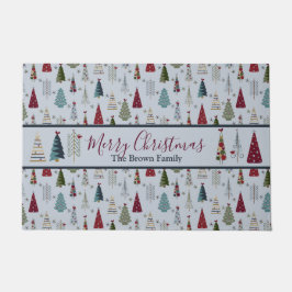 ミニマルモダンリストクリスマスツリーパターンブルーレッド ドアマット