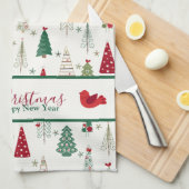 ミニマルモダンリストクリスマスツリーパターンレッドグリーン キッチンタオル (四つ折り)