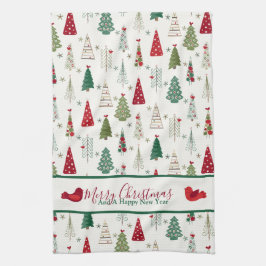 ミニマルモダンリストクリスマスツリーパターンレッドグリーン キッチンタオル