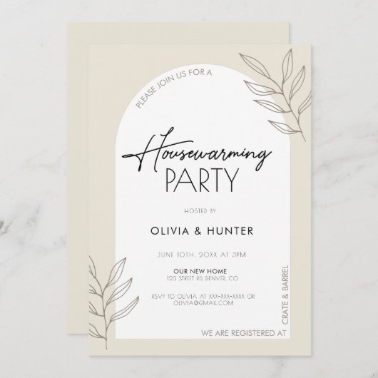 ミニマルモダンリストクリーム引っ越し祝いパーティー招待状 招待状 (正面/裏面)