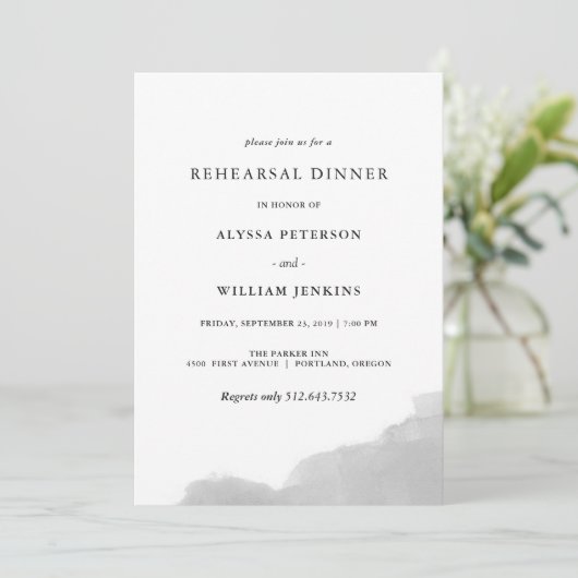 ミニマルモダンリストグレーウォーターカラーリハーサルディナー 招待状 (スタンド正面)
