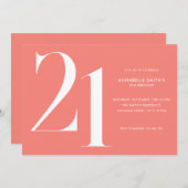 ミニマルモダンリストコーラルピンク21歳の誕生日 招待状 (正面/裏面)