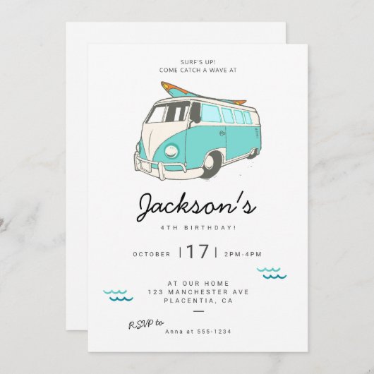 ミニマルモダンリストサーフバースデーパーティーの招待 招待状 (正面/裏面)