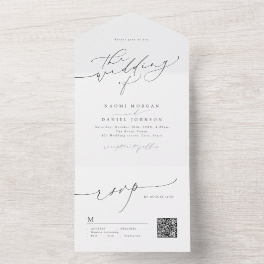 ミニマルモダンリストシックなスクリプトエレガントな結婚式 オールインワン招待状 (内側)