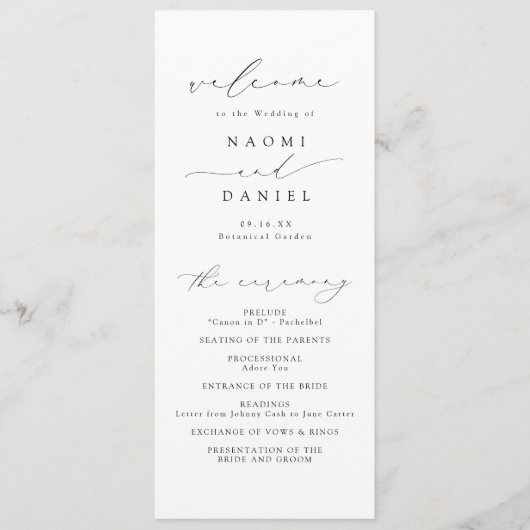 ミニマルモダンリストシックなスクリプトエレガントな結婚式 プログラム (正面)